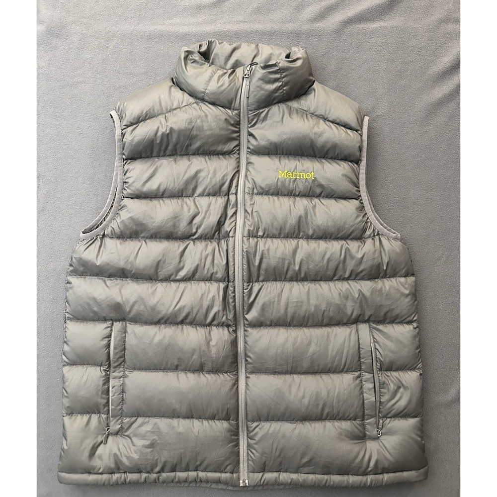 Marmot Mens 2XL Full Zip 800 Fill Down Puffer Vest Grey Zip Pockets Outdoors